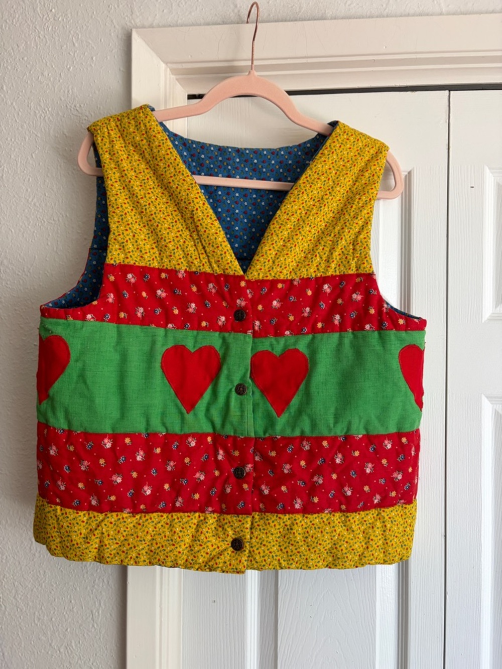 Handmade Reversible Floral Quilted Vest Jacket Patchwork Heart Patch